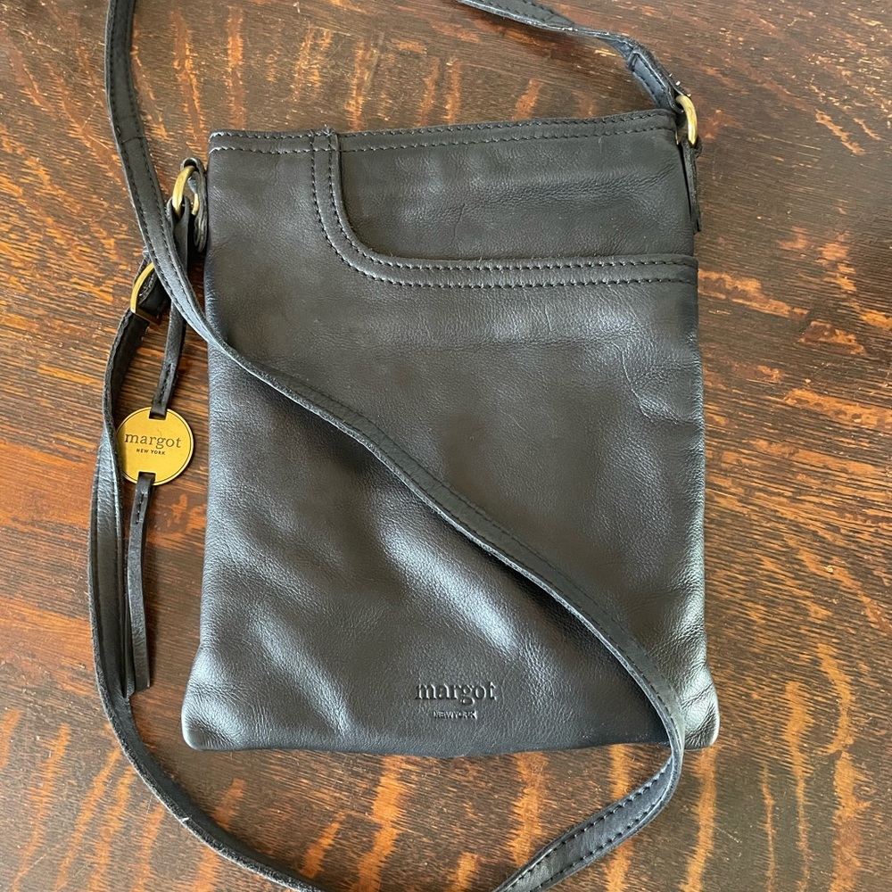 MARGOT Gently Used Minimal Black Leather Crossbody Bag Gold Hardware